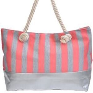 NEW NWT Boutique Coral Pink & Silver Stripe Rope Handle Pool Beach Tote Bag